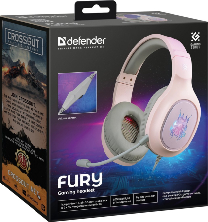 DEFENDER (64481) Fury розовый, LED, провод 2 м